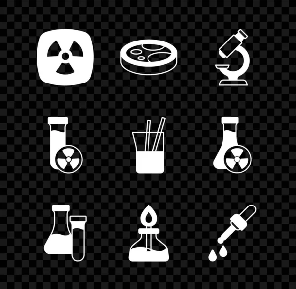 设置放射性 带有细菌的培养皿 显微镜 酒精或酒精燃烧器 有毒液体和实验室玻璃器皿图标 — 图库矢量图片
