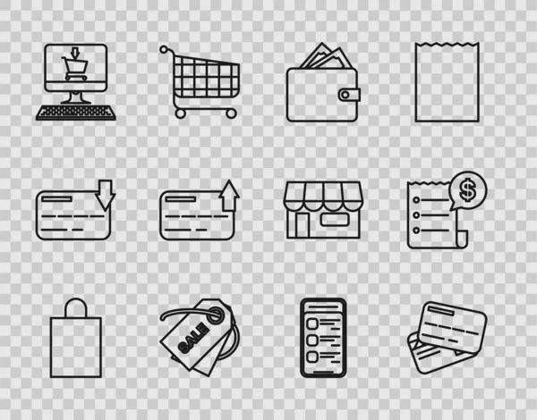 페이퍼 쇼핑백 지폐로 스크린 컴퓨터 온라인 아이콘을 태그한다 Vector — 스톡 벡터