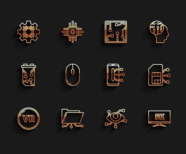 Définir Ligne Réalité Virtuelle Dossier Verrouillage Processeur Écran Moniteur Avec — Image vectorielle