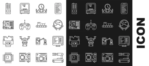 Робот Set Line Экран Монитора Клавиатура Цифровой Тайм Менеджер Пульт — стоковый вектор