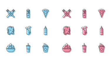 Patlamış mısırı kaseye koy, kamış ve su içen kağıt bardak, çapraz çatal, karton kutu, tavuk budu, sos şişesi, sandviç ve çörek ikonu. Vektör