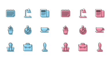 Çizgi Binder klipsi, evrak çantası, takvim, pul, kahve fincanı dairesi, saksı ve masa lambası ikonu. Vektör