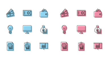 Grafik şeması, pano, kağıt para, tahta, bilgisayar monitörü, para çantası ve diyagramı, ampul fikri ve güvenli simge kavramını içeren satır belgesini ayarla. Vektör