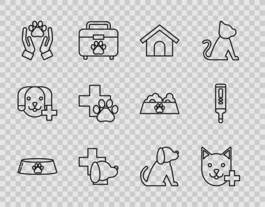 Kedi ya da köpek için evcil hayvan yemek kasesi veteriner kliniği sembolü, köpek evi, hayvanların ayak izine sahip eller ve tıbbi dijital termometre ikonu. Vektör