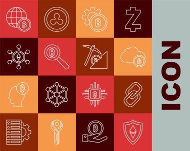 Kalkan Ethereum ETH, Zincir halkası, Kripto para birimi bulut madenciliği, Bitcoin madeni para, büyüteç, engelleme teknolojisi, Globe ve kripto para birimi ve simge. Vektör