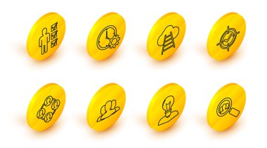 Bir insanı, Kullanıcı grubunu, Proje ekibi üssünü, Hedef ve kontrol işaretini, Buluta, Zaman Yönetimine ve iş elbisesi simgesine götüren merdiveni aramak için çizgi büyüteçlerini ayarla. Vektör