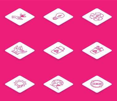 Çevre koruma hattı oluşturun, şimşek sembollü ampul, batarya geri dönüşümü, filiz, geri dönüşüm kutusu, güneş enerjisi paneli ve dünya küresi ikonu. Vektör