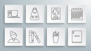 Satır Öğretmeni, Okul sırt çantası, Evrakları ve belgeleri olan ofis dosyaları, Kalem kutusu kırtasiyesi, Defter, Dünya Haritası Okulu tahtası, Takvim ve Bilgisayar monitörü fare simgesi. Vektör