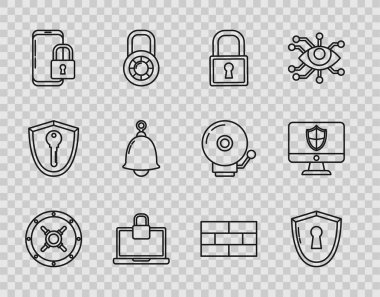Hat Güvenli, Kalkan anahtar deliği, Lock, Laptop ve kilit, Smartphone kapalı asma kilit, Zil, Tuğla ve Bilgisayar monitörü ikonu. Vektör