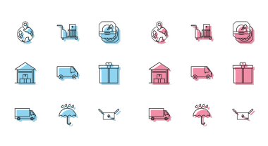 Hat teslimat aracı, Şemsiye ve yağmur damlaları, dünya çapında, trafik sembollü karton kutu, Hediye, Depo ve Elektronik el kutuları ikonu. Vektör