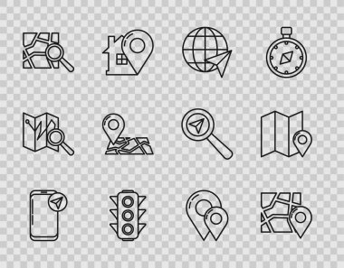 Şehir haritası navigasyonunun çizgi bilgilerini ayarlayın, konum işaretleyicisi, konum konumu, trafik ışığı, harita iğnesi ve simgesi ile katlayın. Vektör