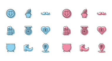 Cadı Kazanı, Geleneksel Leprikon Botlar, Kalp ve Mutlu Aziz Patrick Günü, Konum dört yapraklı yonca, sokak tabelası, tahta bira kupası ve gökkuşağı ikonu. Vektör