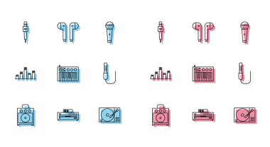 Gitar amplifikatörü, müzik CD çalar, mikrofon, vinil diskli vinil vinil, sentezleyici, ses kriko, eşitleyici ve hava kulaklığı simgesi ayarla. Vektör