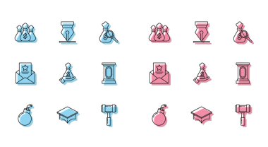 Hattı patlamaya hazır hale getirin, mezuniyet şapkası, para çantası, yargıç tokmağı, el ele tutuşan para, sahne standı veya münazara kürsüsü kürsüsü, tutuklama emri ve dolmakalem ucu simgesi. Vektör