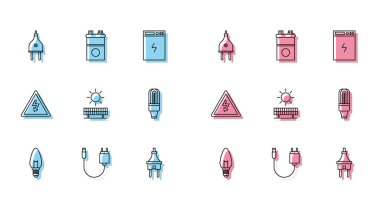 Ampul, şarj aleti, elektrik prizi, güneş enerjisi paneli, LED ışığı, yüksek voltaj işareti ve araba aküsü ikonu ayarlayın. Vektör