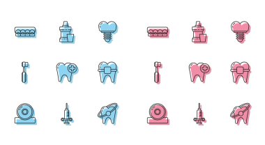 Otolaryngological baş reflektörü, diş sağlığı şırıngası diş teli, diş beyazlatma konsepti, diş fırçası ve ağız yıkama plastik şişe ikonu. Vektör