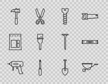 Elektrik matkap, el arabası, metal vida, tornavida, pençe çekici, boya fırçası, kürek ve inşaat baloncuğu seviyesindeki ikonu ayarla. Vektör