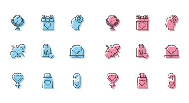 Satır cinsiyet sembolü, kalpli alışveriş torbası, yuvarlak makyaj aynası, lütfen rahatsız etmeyin, online flört uygulaması ve sohbet, Kalp ve Hediye kutusu simgesi. Vektör