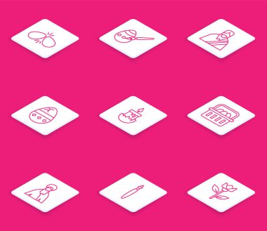 Paskalya yumurtaları ve boya fırçası İsa, çatlamış, yanan mum Paskalya 'lı sepet ve boya ikonu. Vektör