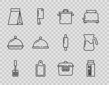 Spatula hattı, süt paketi, yemek pişirme kabı, kesme tahtası, kahve çekirdekleri tepsi yemeği, yavaş pişirme makinesi ve sürahi cam su ikonu ile kaplı. Vektör