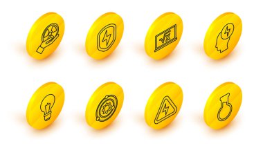 Hat hattı test tüpü ve matarası, yüksek voltaj, güneş sistemi, fikir kavramına sahip ampul, baş elektrik sembolü, kare kök x sembolü, güvenli kalkan yıldırımı ve radyoaktif ikon. Vektör