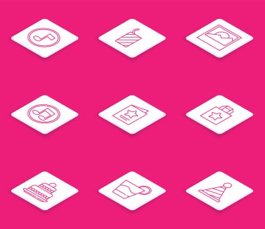 Müzik notası, ton, havai fişek, fotoğraf, tebrik kartı, kağıt alışveriş torbası, pasta ve kokteyl ikonu. Vektör