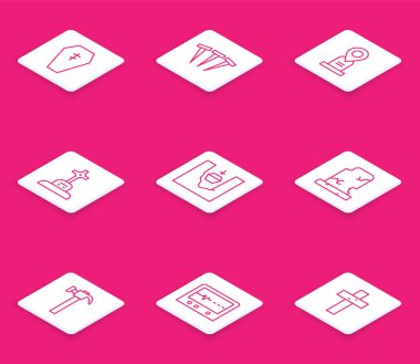 Çapraz çizgi, metal çiviler, konum mezarı, mezar taşı, eski mezar taşı, çekiç ve Beat monitör ikonu. Vektör