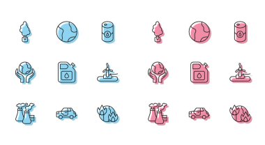 Fabrikadan duman, araba, ağaç, küresel ısınma ateşi benzin bidonu, rüzgar türbini, Dünya 'yı tutan eller ve ikon. Vektör