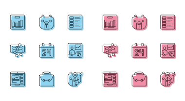 Satır ticaret kursları, evrak çantası, pasta grafiği, borsa bilgisi, Boğa ve ayı, takvim, kağıt para yığını ve ayı ikonu. Vektör