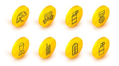 Hat el bombası, askeri rütbe, telsiz, havacılık bombası, ödül madalyası, duman, gaz maskesi ve kask ikonu. Vektör