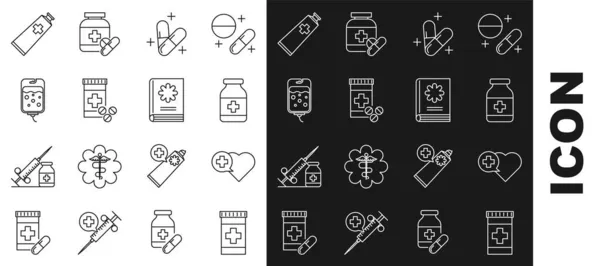 Set Line Flacon Médecine Coeur Avec Une Croix Pilule Comprimé — Image vectorielle