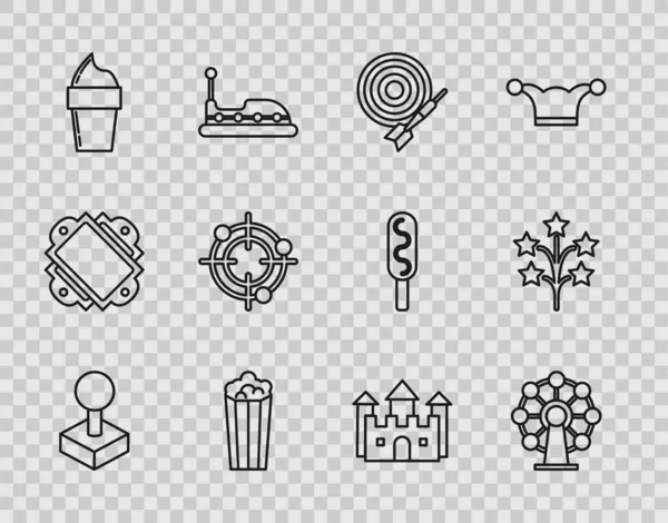 Oyun makinesi, dönme dolap, klasik dart tahtası ve ok, patlamış mısır karton kutu, dondurma külahı, hedef sporu atış yarışması, Castle and Fireworks ikonu. Vektör