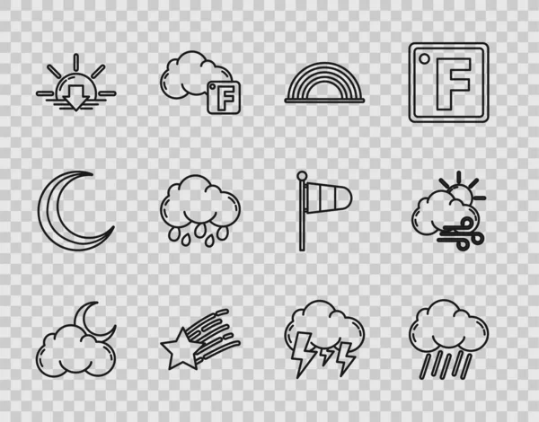 Sett Linje Med Måne Stjerner Regn Regnbueskyer Falling Sunset Storm – stockvektor