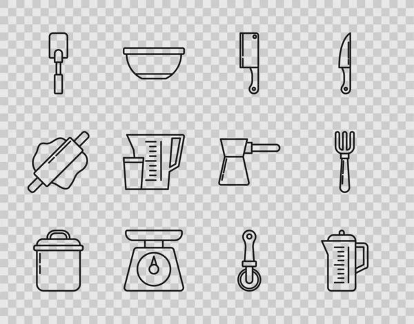 采购产品设置线烹饪壶 肉片切碎 比萨刀和叉子图标 — 图库矢量图片