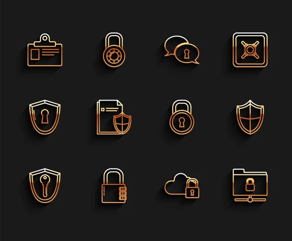 Set Line Shield Key Safe Combination Lock Identification Badge Cloud — Stock Vector