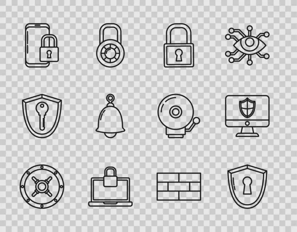 Hat Güvenli, Kalkan anahtar deliği, Lock, Laptop ve kilit, Smartphone kapalı asma kilit, Zil, Tuğla ve Bilgisayar monitörü ikonu. Vektör