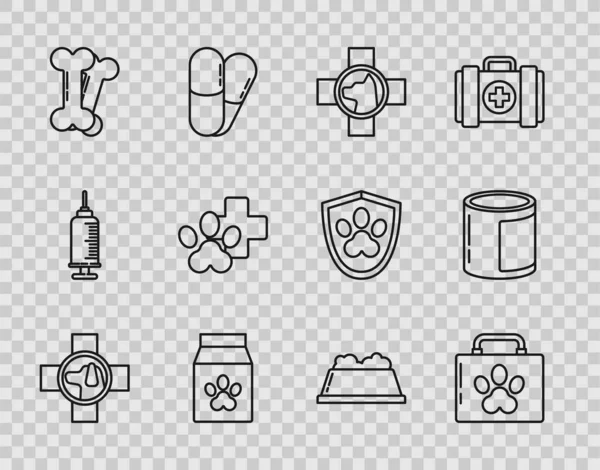 Veteriner kliniği sembolü, evcil hayvan ilk yardım çantası, evcil hayvan maması, köpek kemiği, kase ve konserve ikonu. Vektör