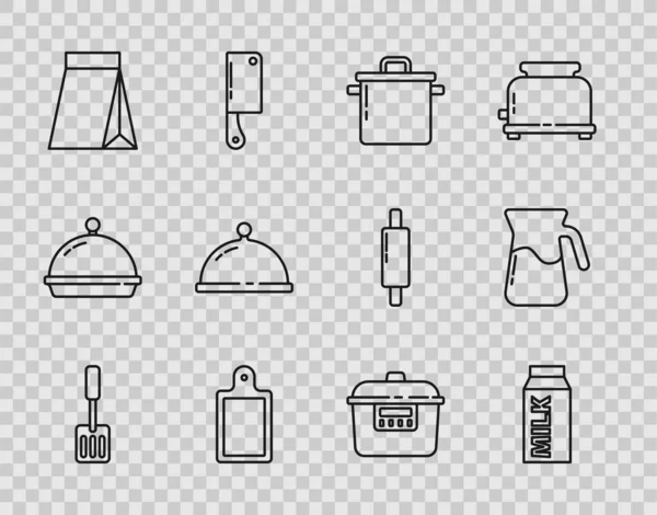 Spatula hattı, süt paketi, yemek pişirme kabı, kesme tahtası, kahve çekirdekleri tepsi yemeği, yavaş pişirme makinesi ve sürahi cam su ikonu ile kaplı. Vektör