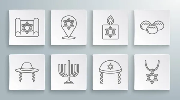 Definir Linha Chapéu Judeu Ortodoxo Estrela David Hanukkah Menorah Kippah — Vetor de Stock