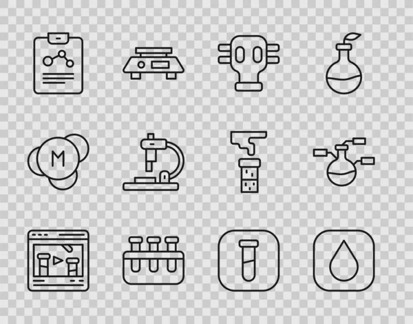 设置在线化学品 防毒面具 试管和瓶 化学报告 显微镜和图标 — 图库矢量图片