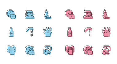 Hat temizleme servisi, bulaşık yıkama, elektrikli süpürge, duş başlığı sabun köpüklü leğen, temizlik malzemesi şişesi ve ev ikonu. Vektör