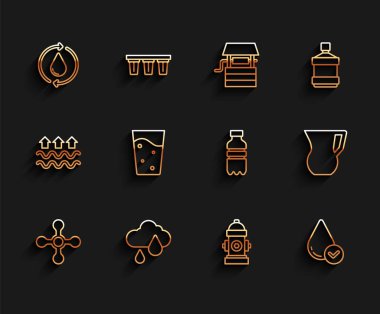 Hattı su musluğu, yağmurlu bulut, temiz su geri dönüşümü, yangın musluğu, damla, cam su, sürahi bardak ve bir şişe ikon. Vektör