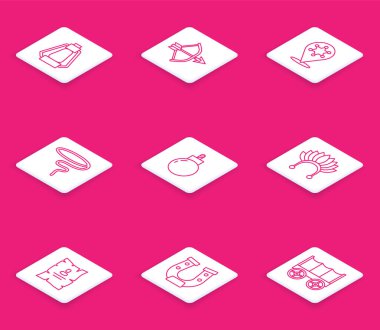 Kamp feneri, ok ve yay titreşimleri, Hexagram şerifi, Lasso, patlamaya hazır bomba, tüylü Kızılderili başlığı, aranan batı posteri ve at nalı ikonu. Vektör