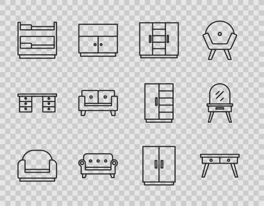 Koltuk, ofis masası, gardırop, kanepe, ranza ve tuvalet masası ikonu. Vektör