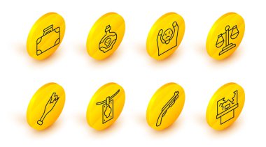 Çizgi, kırık pencere, polis tüfeği, para aklama, silah olarak şişe, adalet terazisi, Hırsız teslim oluyor, Zehir ve Evrak Çantası para ikonu. Vektör