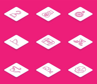 Korsan kancası, bozuk para, pusula, köpekbalığı yüzgeci okyanus dalgası, antika hazine sandığı çapraz korsan kılıçları kafa simgesi olarak sigara piposu ve bandana. Vektör