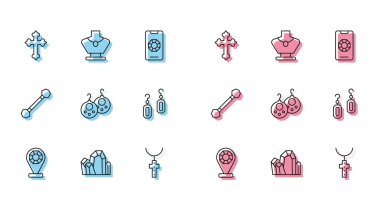 Sabit hat mücevher mağazası, mücevher taşı, Hıristiyan haçı, zincir, küpe, piercing ve kolye mankeni ikonu. Vektör