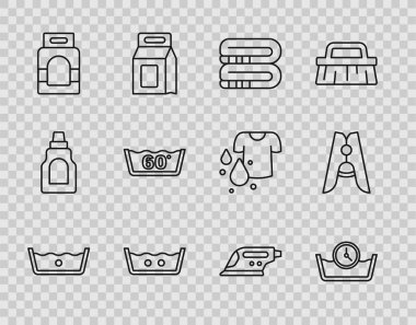 Hat sicaklik yikama, zaman, havlu, çamaşır deterjani, elektrikli ütü ve giysi simgesi. Vektör