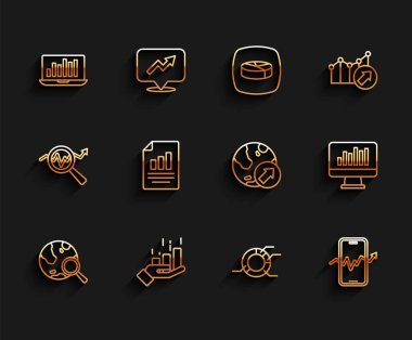 Satır Arama küresi, Finansal büyüme, grafik grafikli dizüstü bilgisayar, Pie Infographic, mobil hisse senedi ticareti, Belge, İzleyici ve simge. Vektör