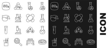 Petri kabını bakteri, test tüpü, zehirli sıvı, matara, sülfür dioksit SO2 ve molekül ikonu ile ayarla. Vektör